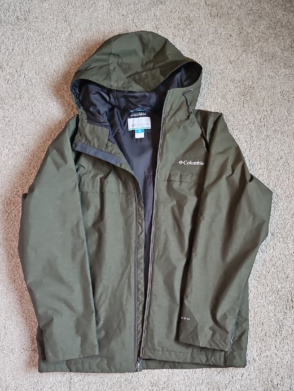 Columbia Men’s Omni-Tech Waterproof Jacket Large Green Hooded Rain Coat